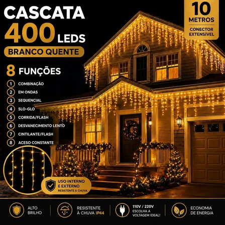 Cascata de Natal LED 400 Luzes Branco Quente 10m com 8 Funções para Decoração Externa e Interna