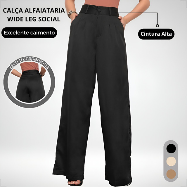 Calça Pantalona Cintura Alta Alfaiataria Wide Leg Social Calça Pantalona Cintura Alta Alfaiataria Wide Leg Social