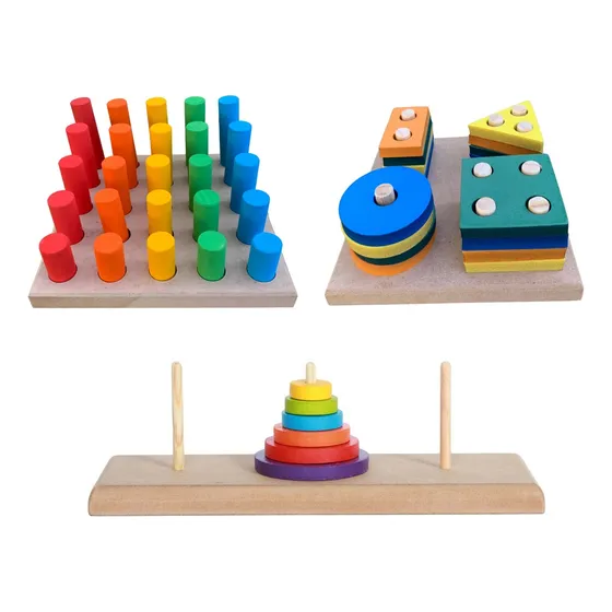 Kit Brinquedo Infantil Pinos Torre De Torre Hanói E Formas 