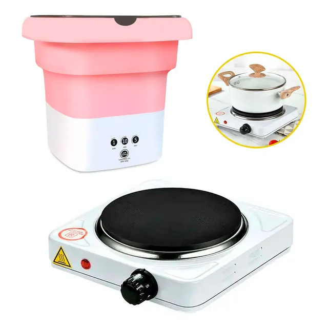 Mini Lavadora Portátil Lava Seca + Cocina Eléctrica 1000w Color Rosa