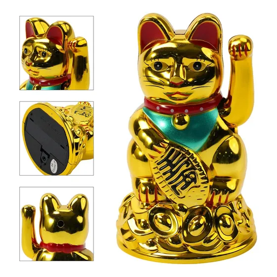 Gato De La Suerte Dorado Fortuna Dinero Maneki Neko A Pila Color A Disponibilidad / Sin Selección De Color
