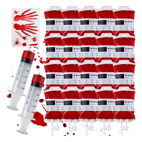 20 bolsas de sangre para 350 ml Bebidas con 2 jeringas de 60 ml, Bolsas con Clips para el Festival de Vampiros de Decoración de Halloween y Día, Tema Médico Zombies