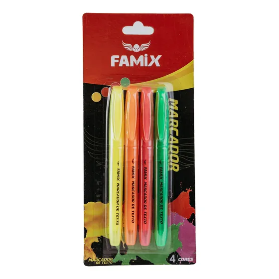 Marca Texto Famix 4 Cores Pincel Grifa Marcador Neon Premium