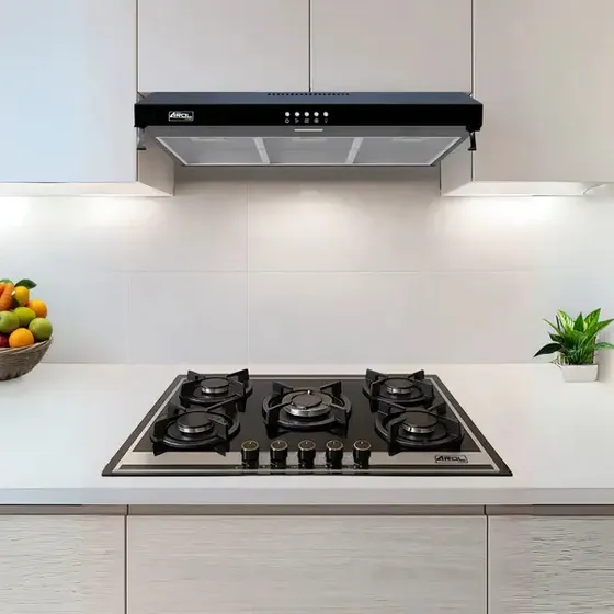 Combo Parrilla Y Campana Slim Premium AROL 80 Cm Bitono Negro Espejo | Parrilla 5 Quemadores Vidrio Templado Y Campana Extractora 80W 200 m³/h Con Filtros Lavables E Iluminación LED