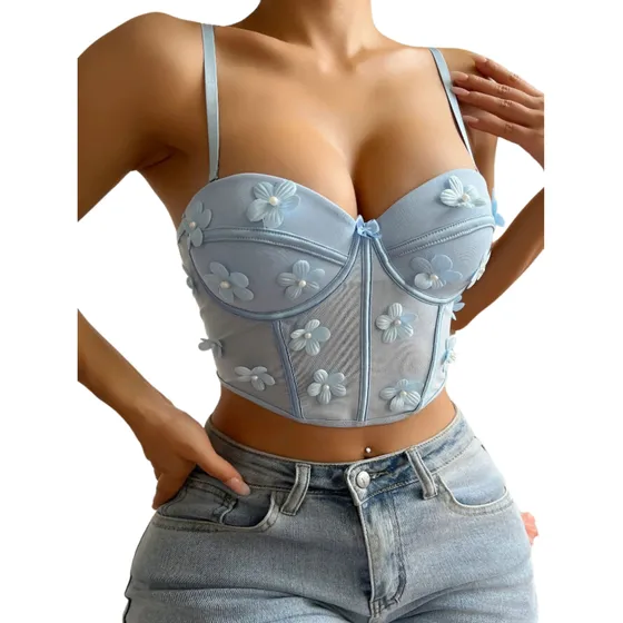 Corset Top Flores Sujetador Encaje Mujer Tendencia Romántico