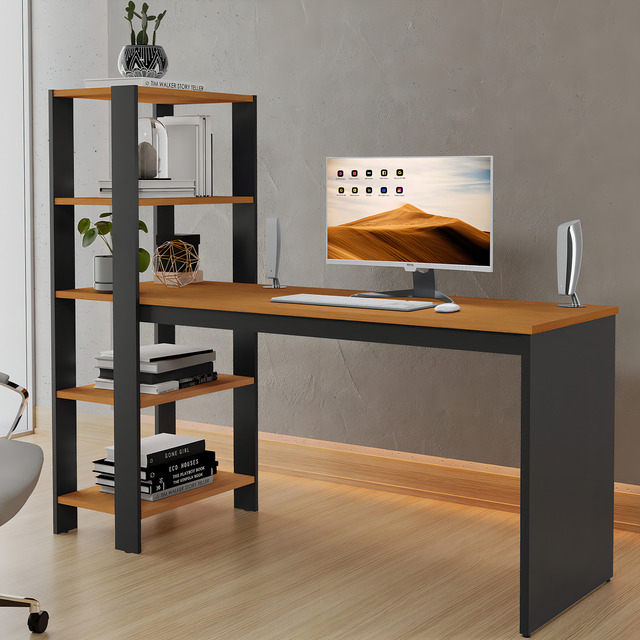 Mesa Escrivaninha Para Quarto E Escritório Milão Com Prateleiras Cor Canela Mesa Escrivaninha Para Quarto E Escritório Milão Com Prateleiras Cor Canela