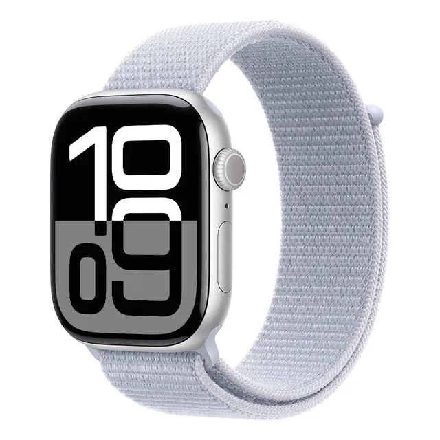 Apple Watch Series 10 GPS • Caja de aluminio color plata de 46 mm • Correa loop deportiva azul nube