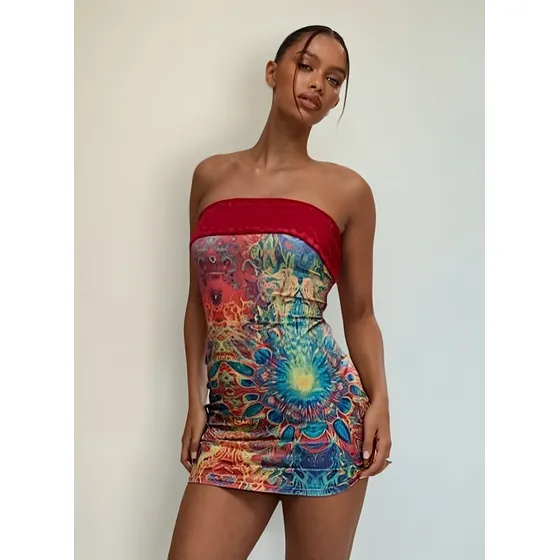 Vestido Strapless Psicodélico Hippie Boho Importado Shein