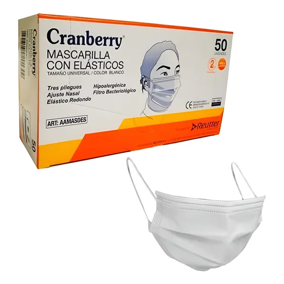 Mascarilla 3 Pliegues Con Elásticos Cranberry Caja 50 Un Color Blanco