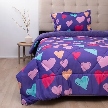 Plumón Estampado Infantil Corazones Deluxe Sherpa Azul Corazones
