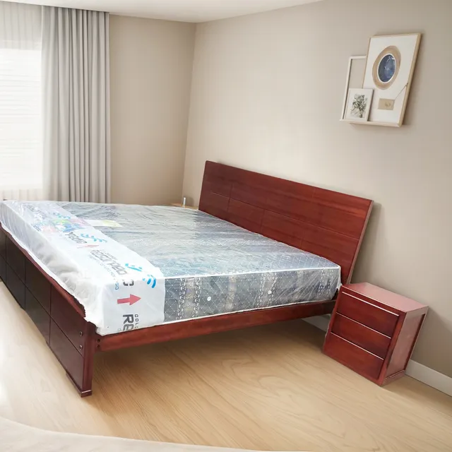 Colchon + Cama Madera Fynymuebl Y Velador 2 De 3 Plazas King