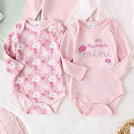 Kit 5 Bodies Bebê Menina Algodão Manga Longa Rosa 9m