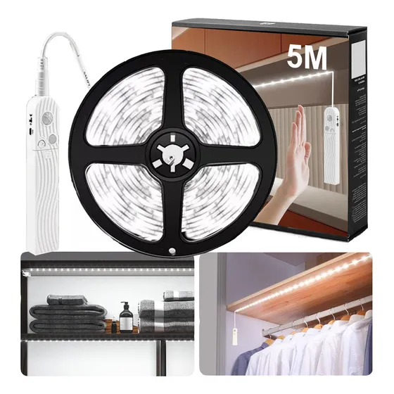 Tira De Luces Led Inteligente Con Sensor De Movimiento 5m Luz Blanco Frío tira de luz led,tira de luces led, barra de luz led,tira led blanca, mascara infrarroja led, LED Sensor Inteligente,tiras leds