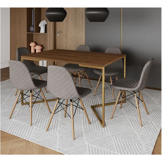 Mesa Jantar Amêndoa Base V Dourada C/ 6 Cadeiras Pés Madeira