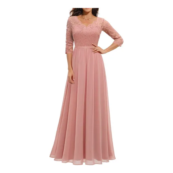 Qz Vestido Longo De Renda Com Manga 3/4 Para Madrinha De