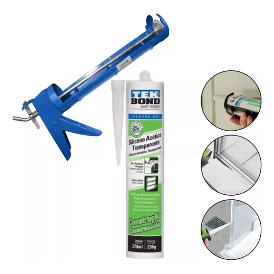 Starfer Aplicador de Silicone Fechado + 1 Tubo Cola Silicone Acético Veda Pia Cuba Box Incolor Tekbond