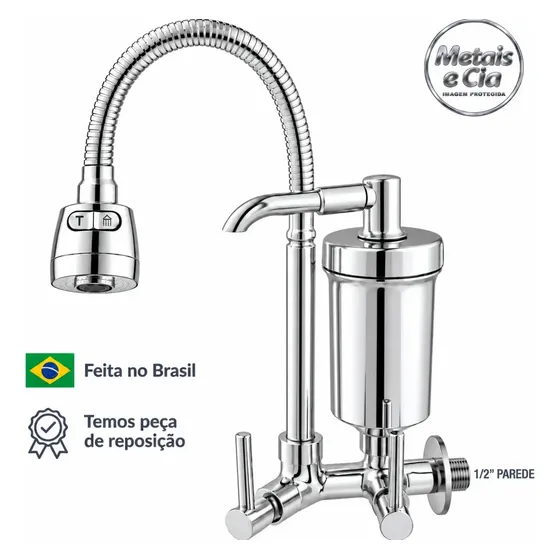 Torneira Com Filtro Com Purificador Agua Bica Flexível Gourmet para Cozinha Parede Bica com Filtro Chuveirinho 2 Modos de Jatos A Mais Vendida