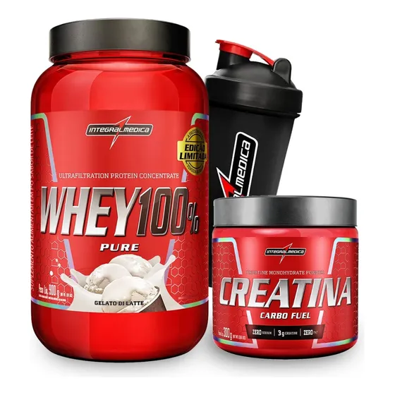 Whey 100% 907g (pt) + Creatina Integralmédica + Coqueteleira