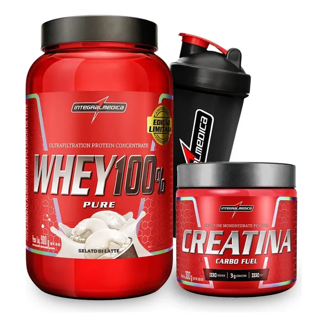Whey 100% 907g (pt) + Creatina Integralmédica + Coqueteleira