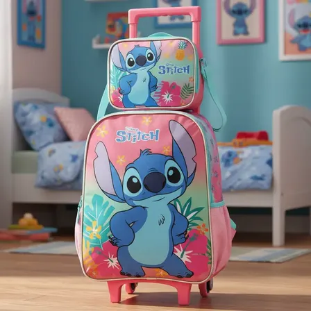 Kit Escolar Infantil Stitch Angel Mochila Rodinha Lancheira