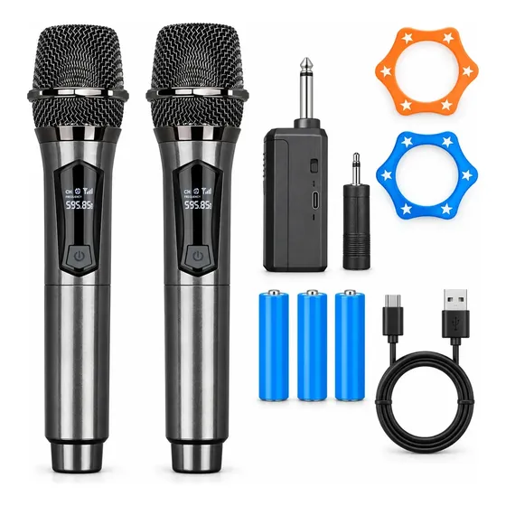 Kit 2 Microfone Sem Fio Recarregável Profissional Dinâmico Preto