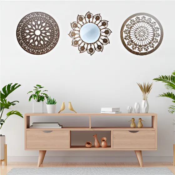 Trio Mandala Simples E Com Espelho Pintada Madeira C/ Strass