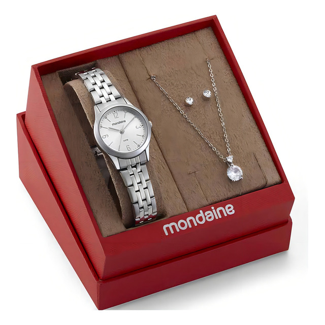 Kit Relógio Mondaine Prata + Semijoia Kit Relógio Mondaine Prata + Semijoia