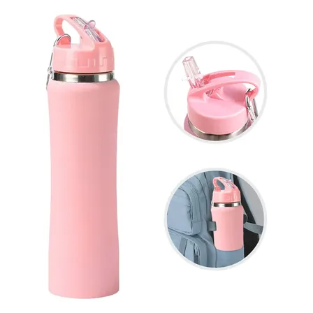 750ml Garrafa Térmica Emborrachada Squeeze Canudo Premium Rosa