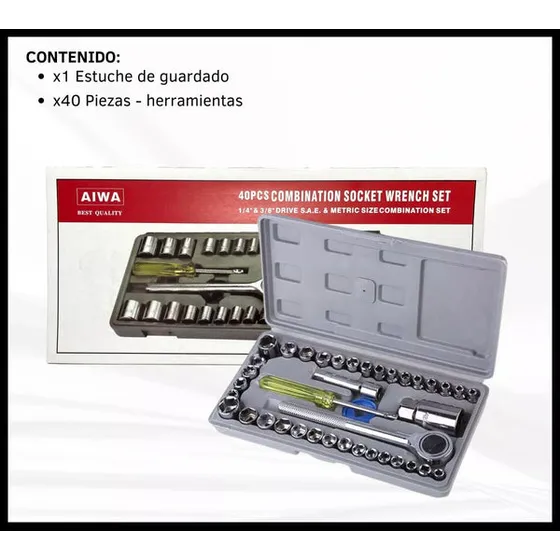 Caja De Herramientas 40 Pzas. Marca Aiwa Medias 1/4 Y 3/8