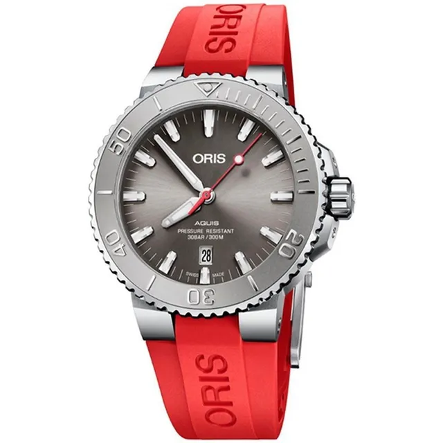 Reloj Oris Aquis Automático Original 73377304153 Correa Rojo Bisel Gris Fondo Gris