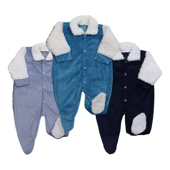 Kit 3 Macacão Bebe Plush - Manga Pele Carneiro Menina Menino
