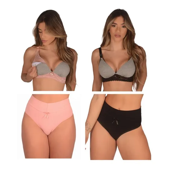 Kit 2 Sutiã Amamentação Bojo Soft +2 Calcinha Alta Pós Parto
