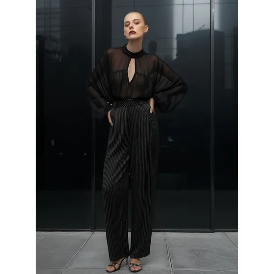 Calça Iódice Wide Cós Alto Com Pregas Preto