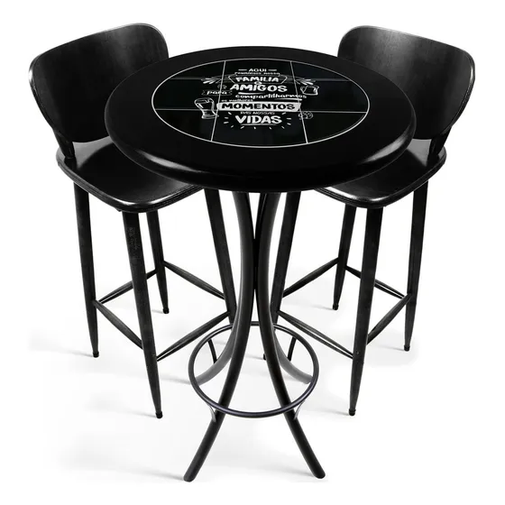 Mesa Madeira Alta Azulejo E 2 Banquetas P/ Home Bar Sacada Cor Preta Lacada Família Desenho Do Tecido Das Cadeiras