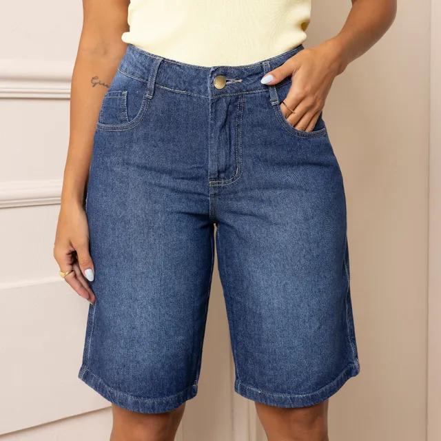 Jorts Jeans Feminino Sem Elastano Bermuda Comprida Cos Alto