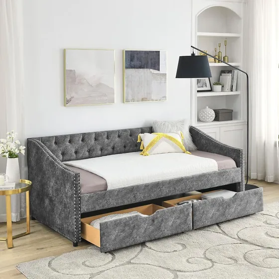 Homsof Sofá Cama De Tamaño Individual Con Cajones, Tapizado,