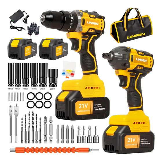 Kit profissional de chave de impacto sem fio e chave de fenda sem escova com mandril de metal, 2 bat