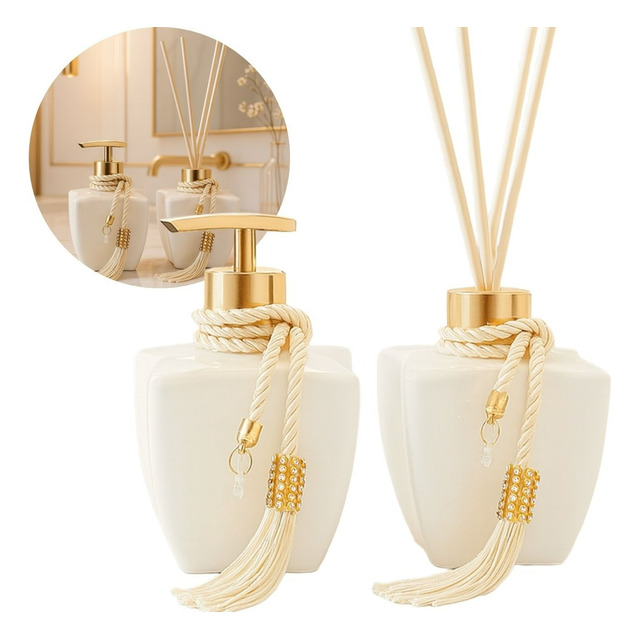 Kit Vidros Lavabo Branco Luxo C/ Enfeite Difusor E Sabonete Kit Vidros Lavabo Branco Luxo C/ Enfeite Difusor E Sabonete