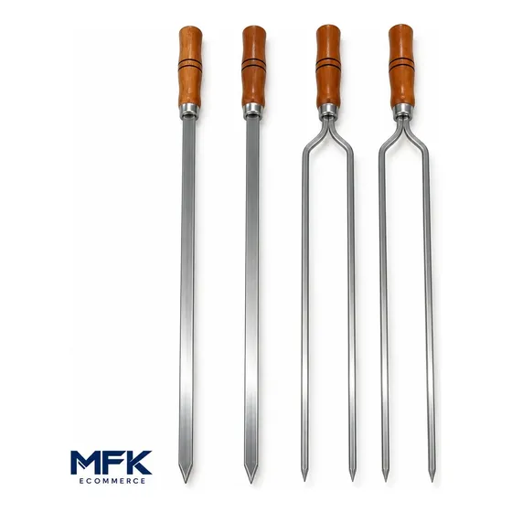Kit 4 Espetos Churrasco Alumínio Cabo Madeira 50cm