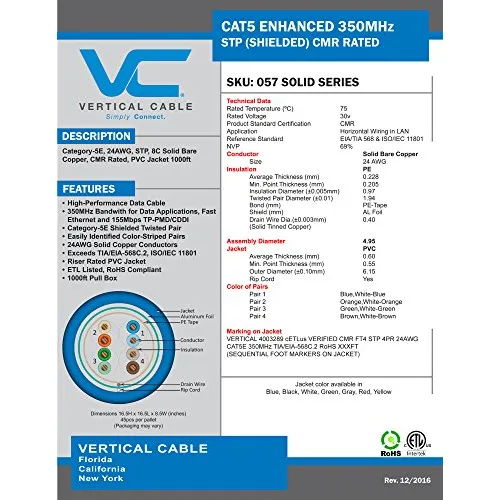Vertical Cable Cat5e 350 Mhz Shielded 24 Awg Solid Cobre Xd