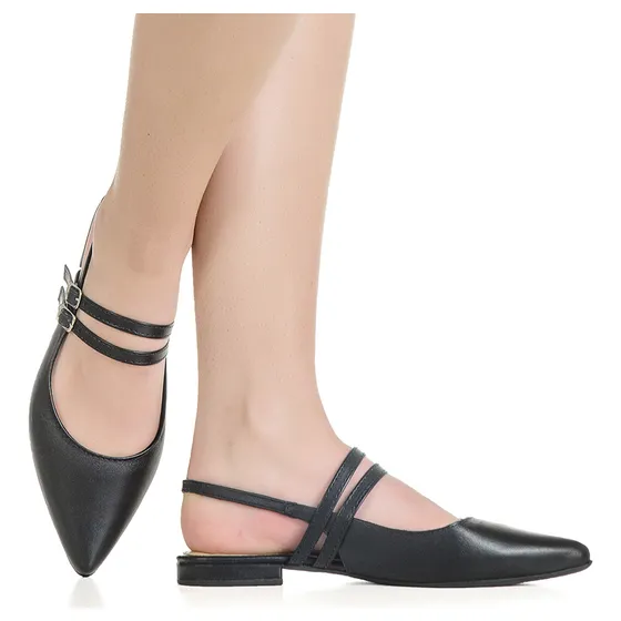 Sapatilha Slingback Bico Fino Fivelas Sapato Social Feminino