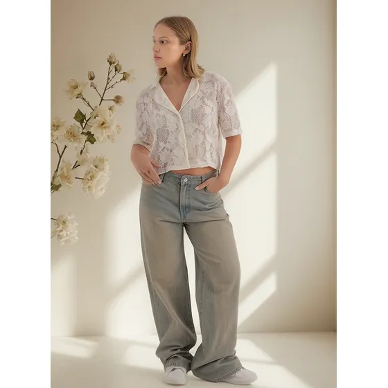 Jean Rigido  Wide Leg Tiro Alto  Arena  - Younica -