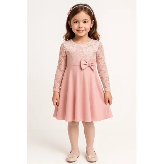 Vestido Infantil De Renda Inverno Manga Longa Com Laço