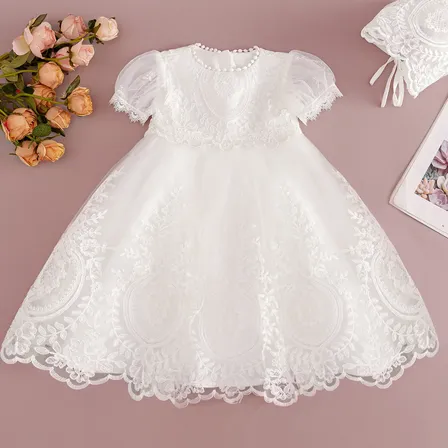 Vestido Batizado Renda Floral Pérolas Bebê Menina White Liso 3-6m