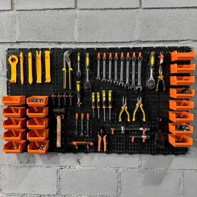 Painel Ferramentas Organizador Perfurado 118x52 + Brindes Preto Com Laranja