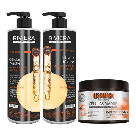 Alisado Células Madre Riviera + Shampoo Sin Sal + Acond. 1l
