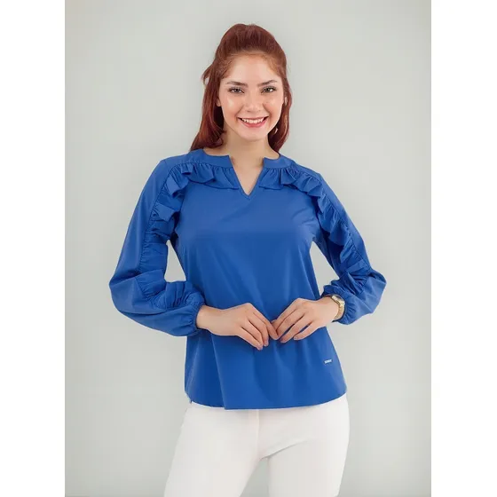 Blusa M/l Ably Seda Strech Color Entero Azulino