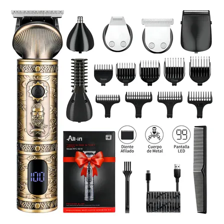All-in Barbeador Eletrico Aparador de Pelos Profissional 6-em-1 Aparelho Barbear Maquina de Cortar Barba Nariz Cabelo Sem Fio Shaver com Cabeças Laváveis Homen