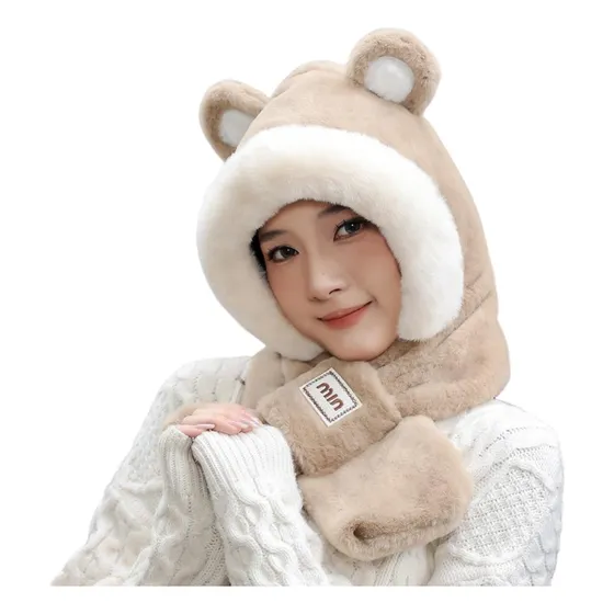 Gorro + Bufanda D Peluche Calentito Invierno Orejitas Kawaii Crema Orejas Osito Unico