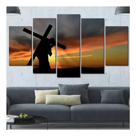 Quadro 5 Partes Jesus Carregando A Cruz Por Do Sol Cristo